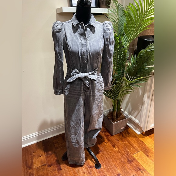 Express Puff Sleeve Tie Waist Gray Wash Denim Jumpsuit 6 - Picture 3 of 16